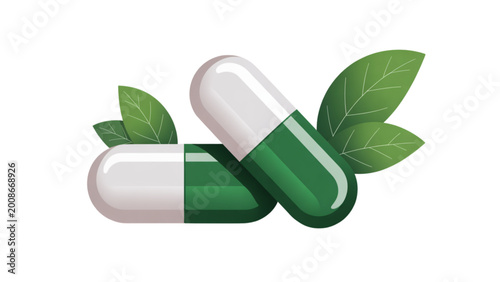 Quadro su tela Green capsule pill with leaf illustration Vector