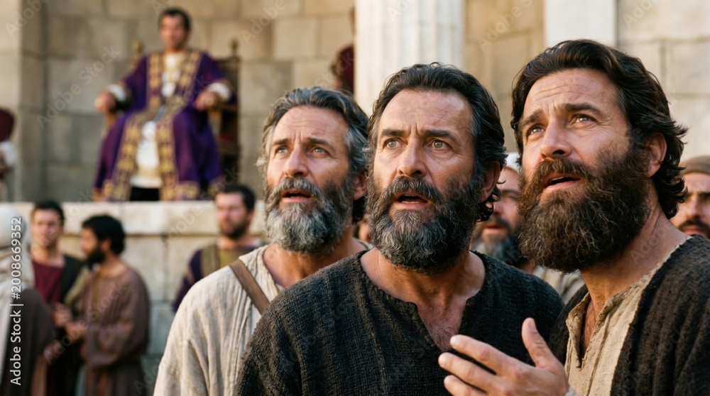 Fototapeta premium Crowd of men looking up at king Herod in royal robe on throne. Biblical scene from Acts 12 showing people surprised by divine event. Historic drama depicting religious faith and story.