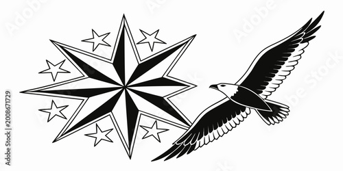 Obraz na płótnie Flying eagle beside a large stylized starburst with smaller stars in a black and