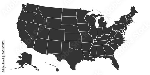 Foto Black and white vector map of the united states including alaska and hawaii stat