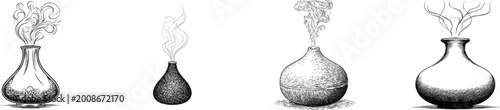 A vintage monochrome line art illustration of an ultrasonic essential oil diffuser emitting a fine continuous mist into the surrounding indoor air, featuring intricate cross-hatching and stippling