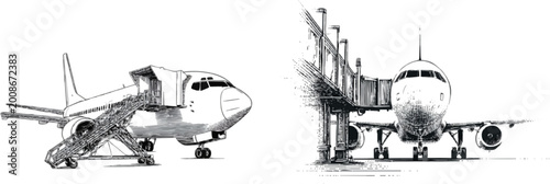 A meticulously detailed black-and-white engraving-style illustration of a passenger boarding bridge connecting an airport terminal gate to a vintage commercial airliner, featuring precise fine lines,