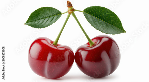 Two ripe red cherries with green leaves attached isolated on a plain white background