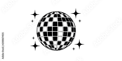 Black and white sketch of a disco ball with sparkling stars