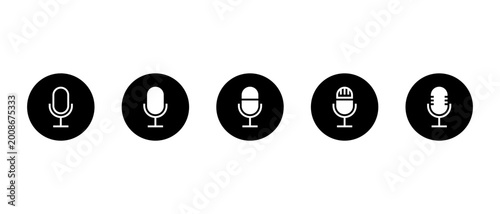 Modern and vintage microphone icon set. Voice audio symbol. Podcast mic sign in black circle