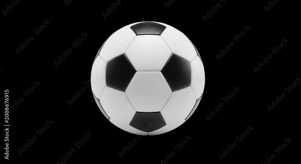 Fototapeta premium A classic black and white soccer ball with a traditional pentagon and hexagon panel pattern, isolated against a solid black background