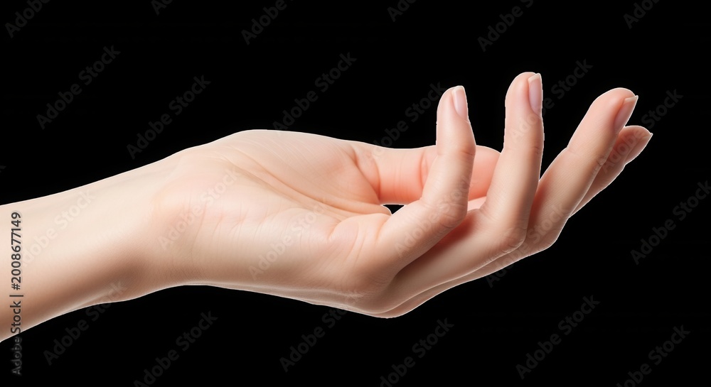 Fototapeta premium A close-up of a human hand with palm facing upward, fingers slightly curled, isolated against a solid black background