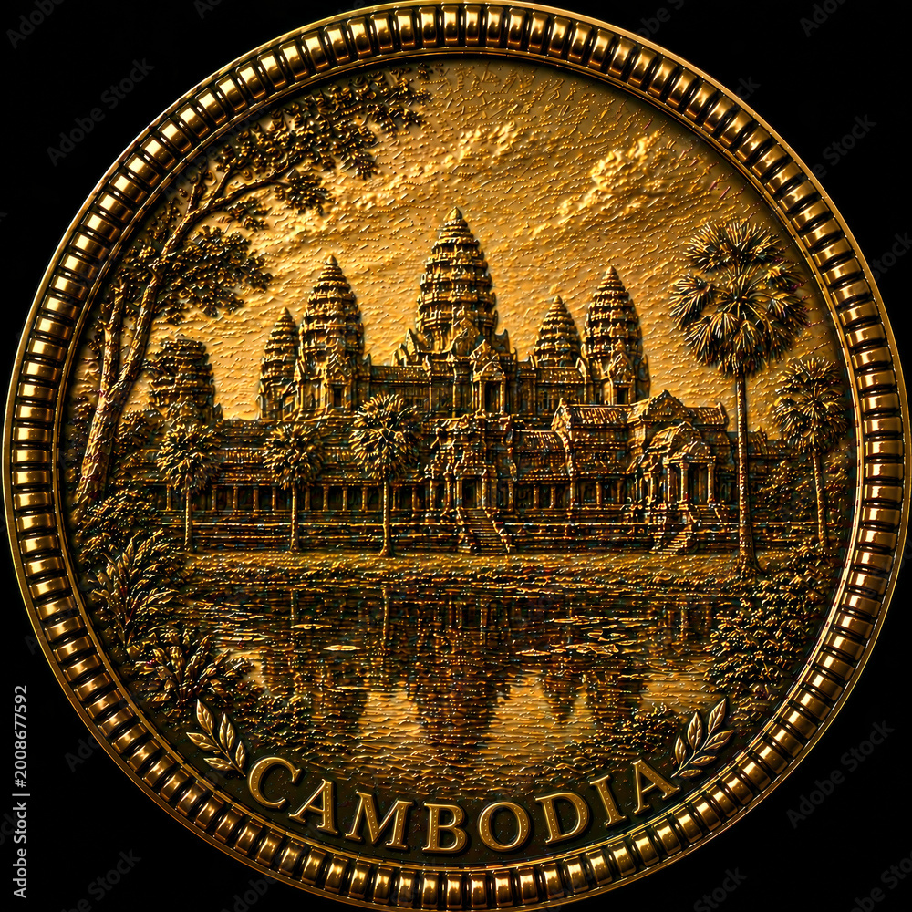 Fototapeta premium Angkor Wat temple complex in Siem Reap Cambodia detailed gold coin