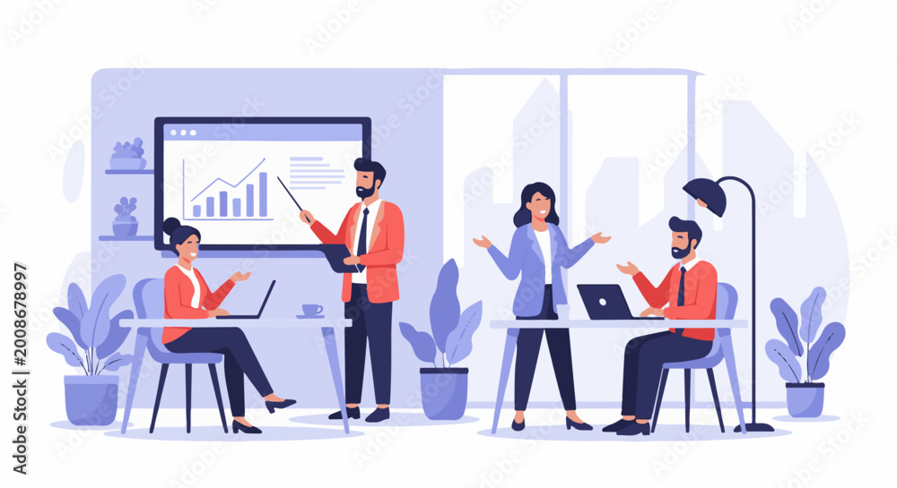 Fototapeta premium Flat design of four professionals in a modern office setting, presenting and collaborating on data