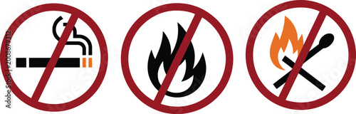 Fotografía No smoking sign, no smoking, forbidden no smoking and no open fire burning red sign, no open flame prohibition symbols collection, safety warning and fire restriction vector illustration set