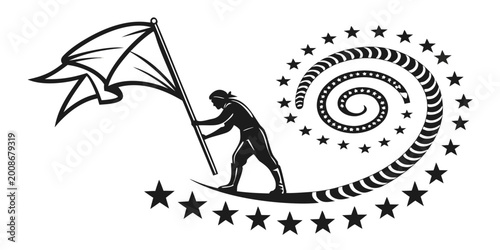 Tableau sur toile Silhouette of a pioneer carrying a flag walking along a spiraling path of stars