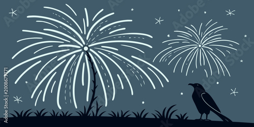 Foto Graphic illustration of fireworks lighting up the night sky above a silhouette o