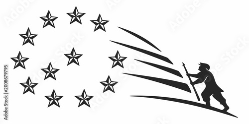Foto Silhouette illustration of a person holding a spear with circular stars silhouet