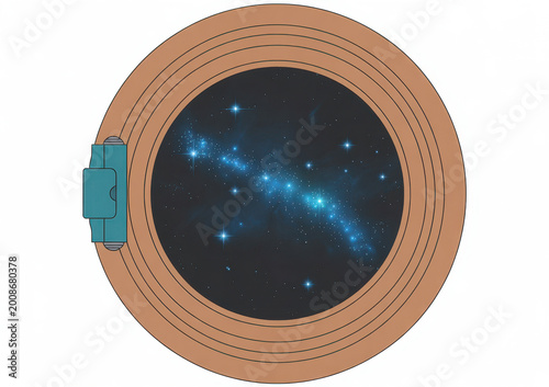 A circular wooden porthole frame showing a view of the blue galaxy stars on a white background