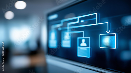 Close-up of a glowing talent management flowchart on a screen showing attract, develop, retain stages, strategic HR concept, employee lifecycle visualization, workforce planning tool,