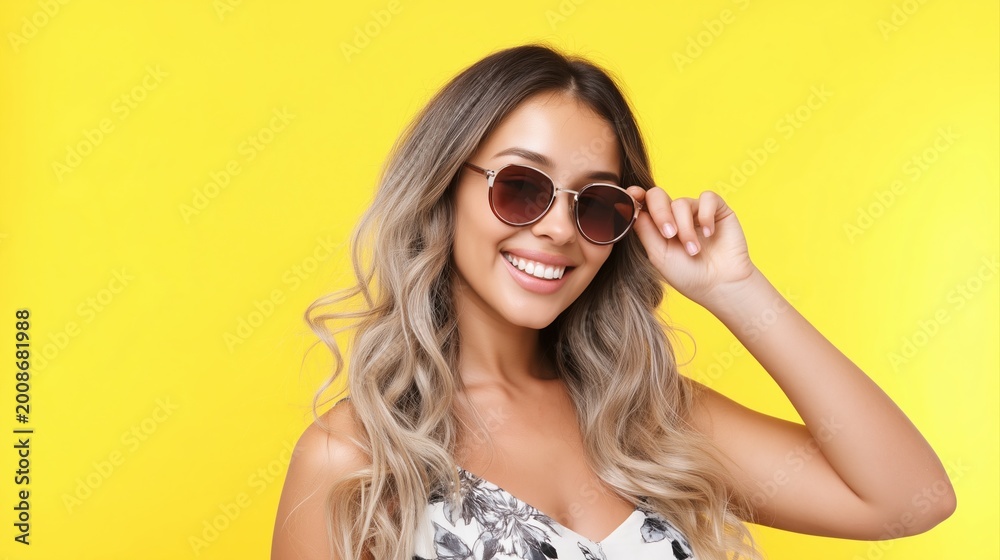 Fototapeta premium Smiling beautiful young woman wearing sunglasses on a vibrant yellow background