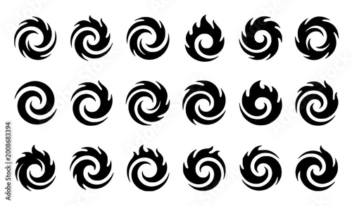 Fotografie Spiral flame symbol set with circular fire vortex icons modern black vector coll