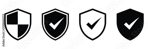 Tableau sur toile Security shield icon set, protection badge symbols in black and white, check mar