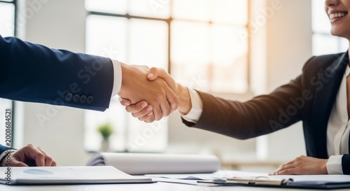 Team victory handshake in office environment between business partners. Successful negotiation with firm grip and smiling faces during agreement signing.
