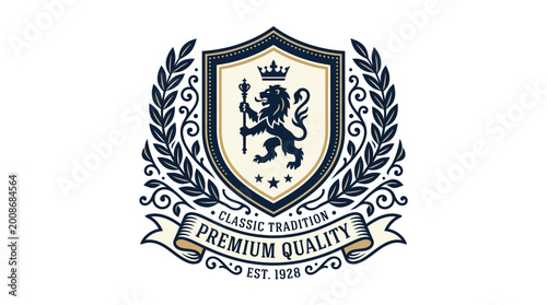 Photos Vintage emblem featuring a lion and laurel design, symbolizing quality and tradi
