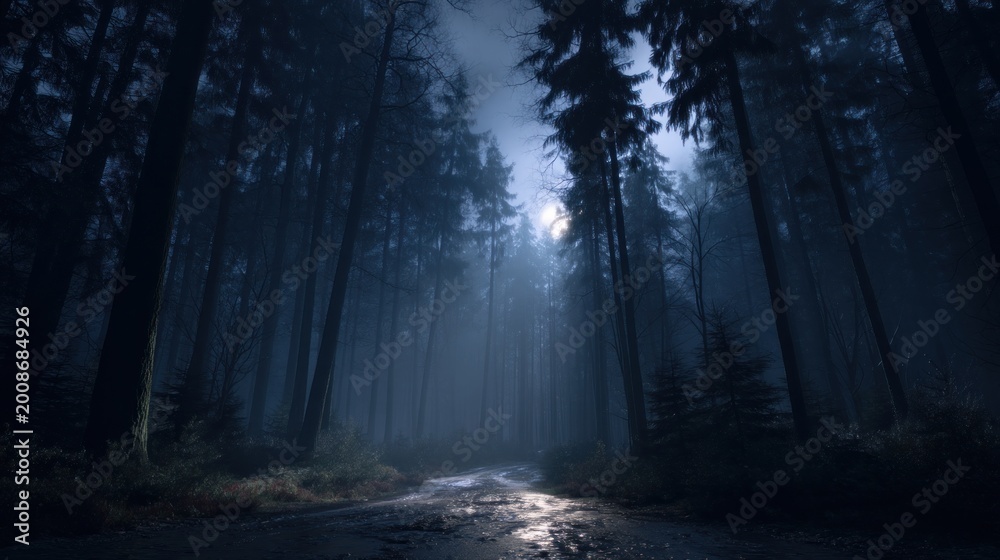 Obraz premium Forest path at night with moonlight