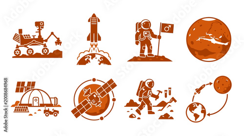 Bild auf Leinwand Illustrative icons depicting Mars exploration, featuring a rover, rocket, astron