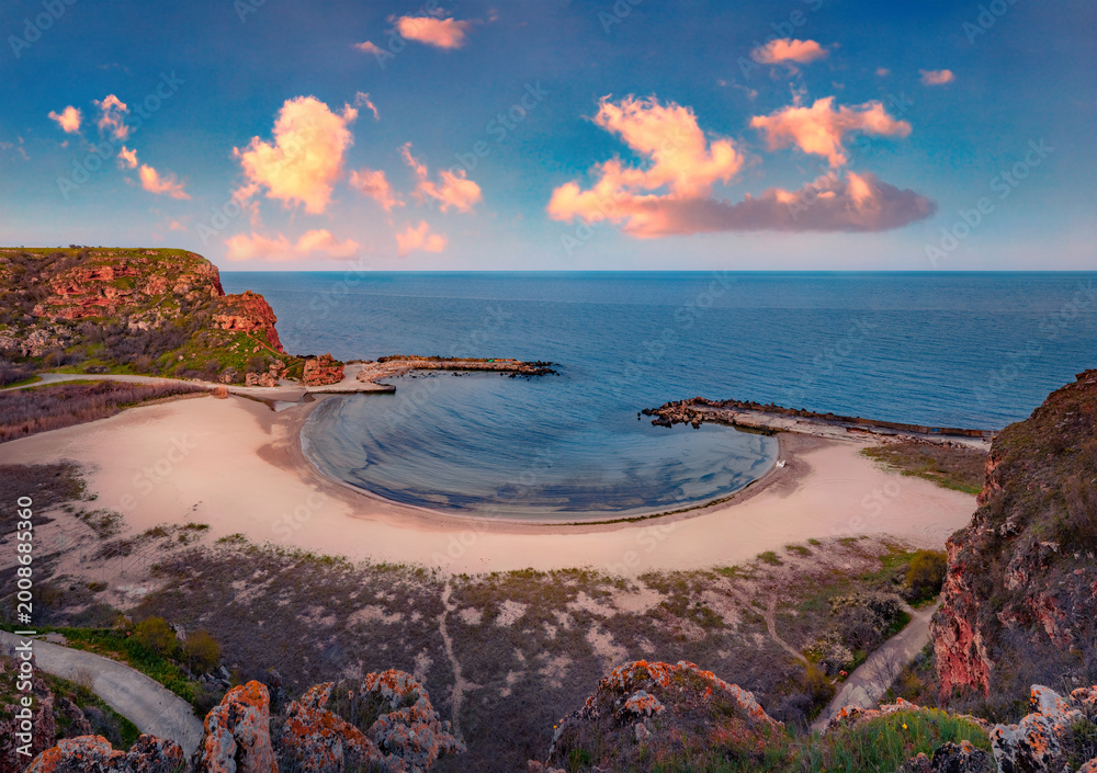 Fototapeta premium Attractive summer seascape of Black sea. Spectacular sunrise on empty Bolata beach, Bulgaria, Europe. Beauty of nature concept background.