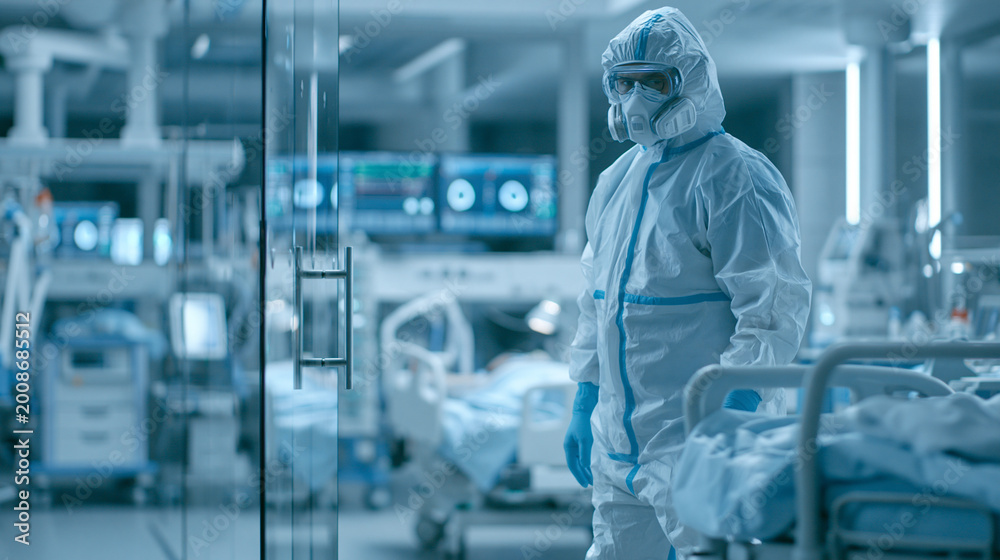 Naklejka premium Healthcare worker wearing full protective suit in modern hospital isolation room, infection control and medical safety concept