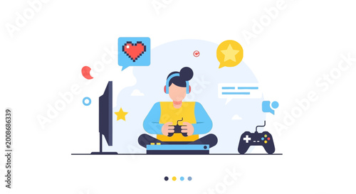 Young person playing video games with headphones and controller.