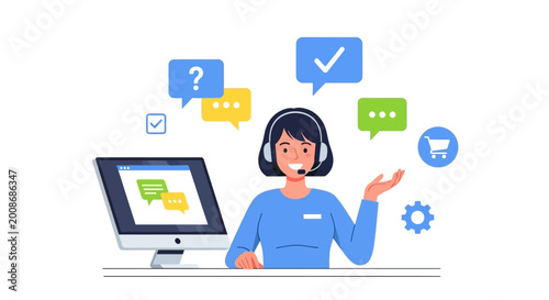 Customer service representative with headset and computer screen.