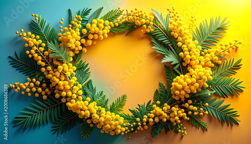 Circular floral wreath made of yellow mimosa flowers and green pine needles, framed against a gradient blue and yellow background, symbolizing spring and nature