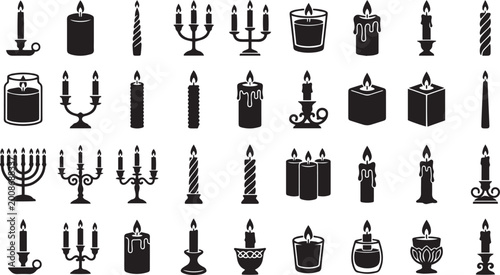 Collection of various candle designs for decoration and ambiance, including pillar, taper, and jar candles