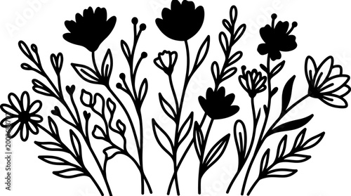 Hand-drawn black silhouette of various wildflowers and leaves, isolated on white.