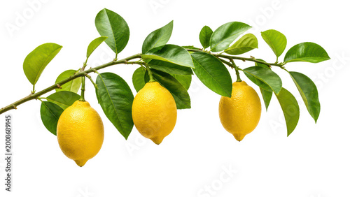 lemon tree branch with leaves and ripe yellow lemon fruits isolated on white or transparent png