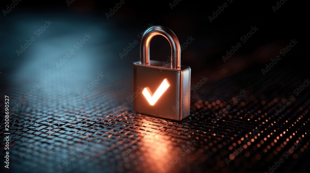 Fototapeta premium A metallic padlock with an illuminated checkmark sits centered on a textured, dark surface. Warm orange light emanates from the checkmark and surrounding the lock