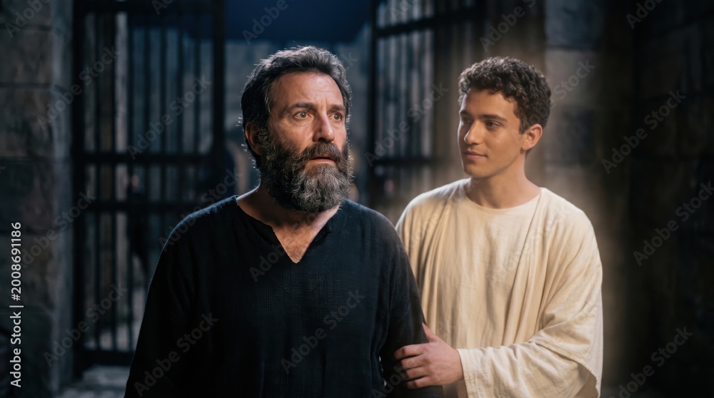 Fototapeta premium Angel leading apostle Peter out of prison in biblical scene. Religious narrative showing divine rescue of captive man. Miracle from Acts of the Apostles in New Testament history.