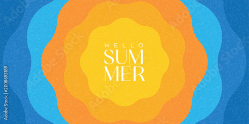 Bright abstract summer banner. Vector cover design with sun on blue wavy background. Minimalist summer card for vacation and travel design, branding, ads, poster template.