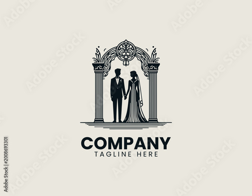 Wedding couple standing under ornate arch minimalist black vector illustration logo