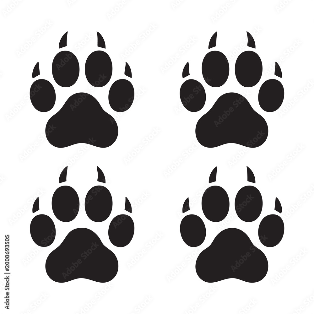 Fototapeta premium Four black animal paw prints with claws, simple paw track vector graphic design element set