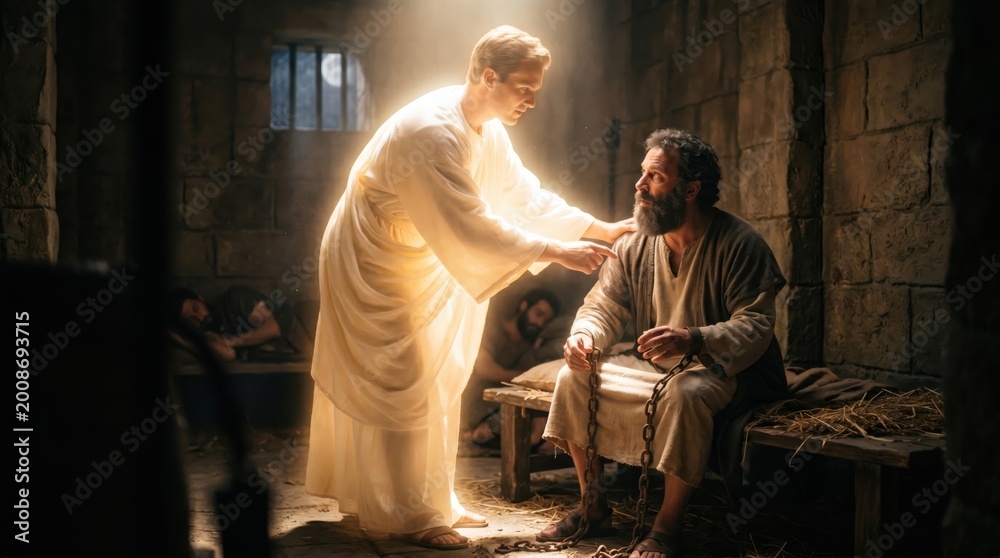 Obraz premium Angel appearing to apostle Peter in prison and waking him up from sleep. Biblical scene of liberation and rescue. Miracle, divine light, chains falling off, Christian faith concept.