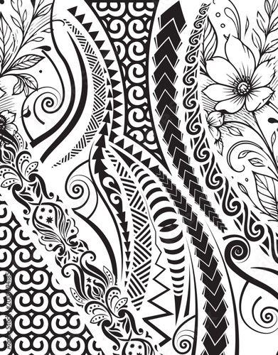 Polynesian Tribal Tattoo Pattern with Floral Elements for Jersey Texture, Hawaiian Jersey Vector. Maori Style Tattoo Pattern and Hibiscus Flower Vector Illustration