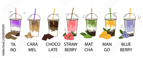 Boba tea food menu background with various taste. Vector flat cartoon illustration isolated on white. Taro, caramel, chocolate bubble tea drinks set.