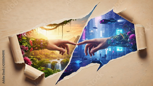 Two hands, one in nature and one in a futuristic city, touching fingers through a torn paper effect, symbolizing connection and contrast between worlds.