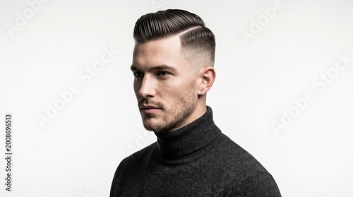 Young man with stylish haircut wearing black turtleneck sweater