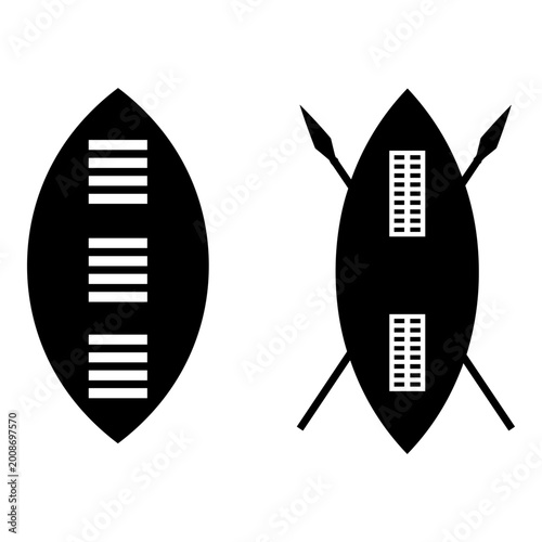 Foto Traditional african spear and shield designs illustrated in black and white Vect