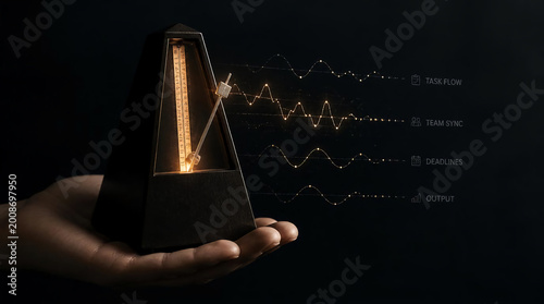 Hand holding metronome glowing workflow rhythm