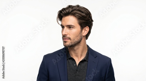 A man in a blue suit looks left with a neutral expression on his face.