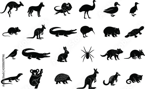 Canvas Print Australian wildlife animal silhouettes set featuring kangaroo crocodile emu koal