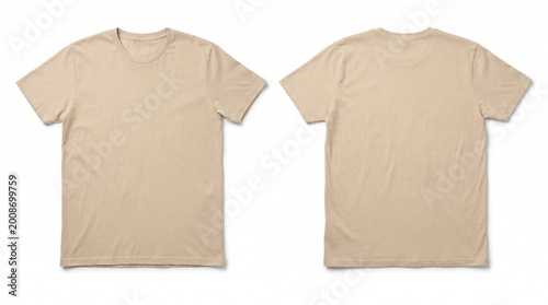 Blank beige shirt mock up template, front and back view, isolated on white, plain tan t - shirt mockup