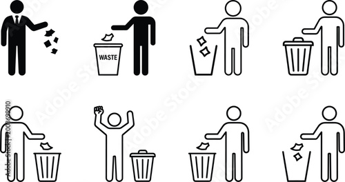 Billede på lærred Set of waste disposal icons showing proper and improper trash throwing behavior,
